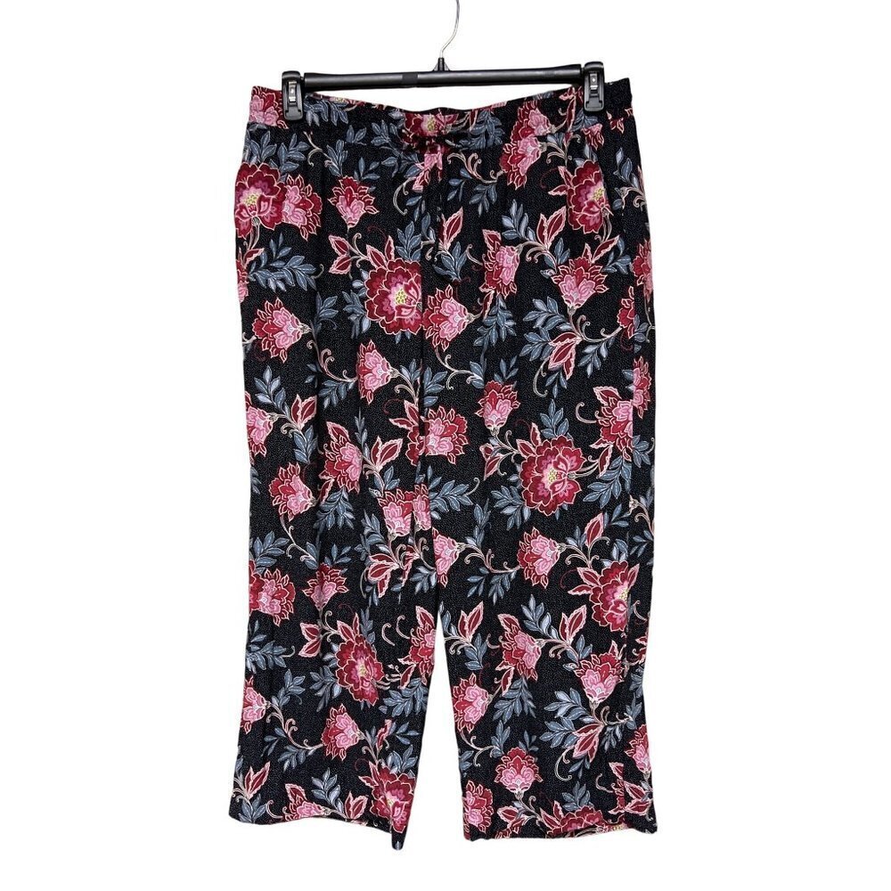 Loft Plus Floral Black Pink Capri Pants Summer Spring Women's 16 100% Viscose